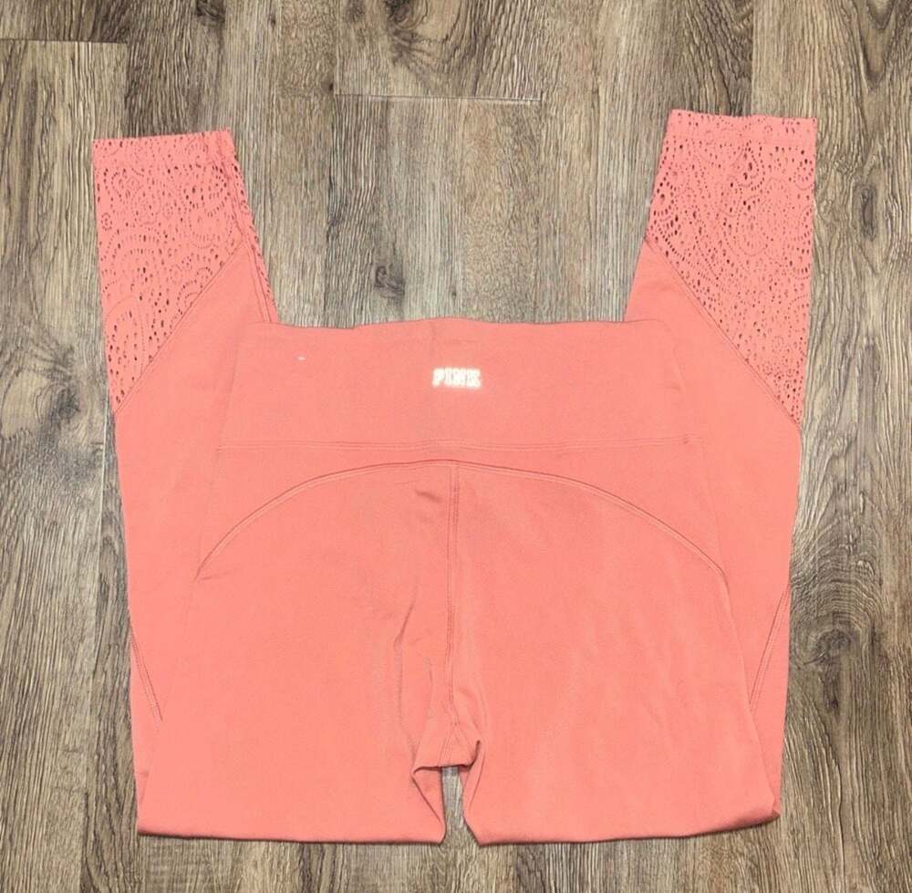 PINK Victoria's Secret High Waist Lace Mesh Cutout Leggings Coral - Picture 2 of 6